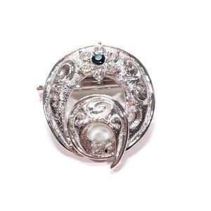 Silver Tone Rhinestone Circle Brooch Scarf Clip